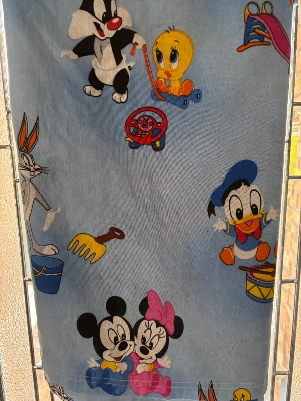 VTG Disney Looney Tunes Custom Flat Sheet 84”x82” Baby Mickey Bugs Tweety Co-Bra